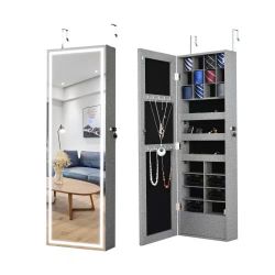 Gray Jewelry Cabinet with Mirror and LED Lights