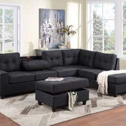 New Black Reversible Sectional And Ottoman