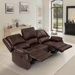 Jackson 80.7 in. W Rolled Arm Leather Upholstered 3-Seater Push Back Rectangle Recliner Sofa in Brow