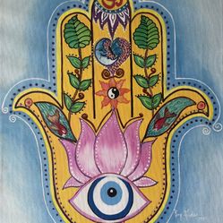 Hand-Painted Hamsa Wall Art – Evil Eye Protection, Lotus & Om Symbol, Boho Spiritual Decor by Colombian Artist