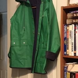 Reversible Large Blue And Green Raincoat With Hood