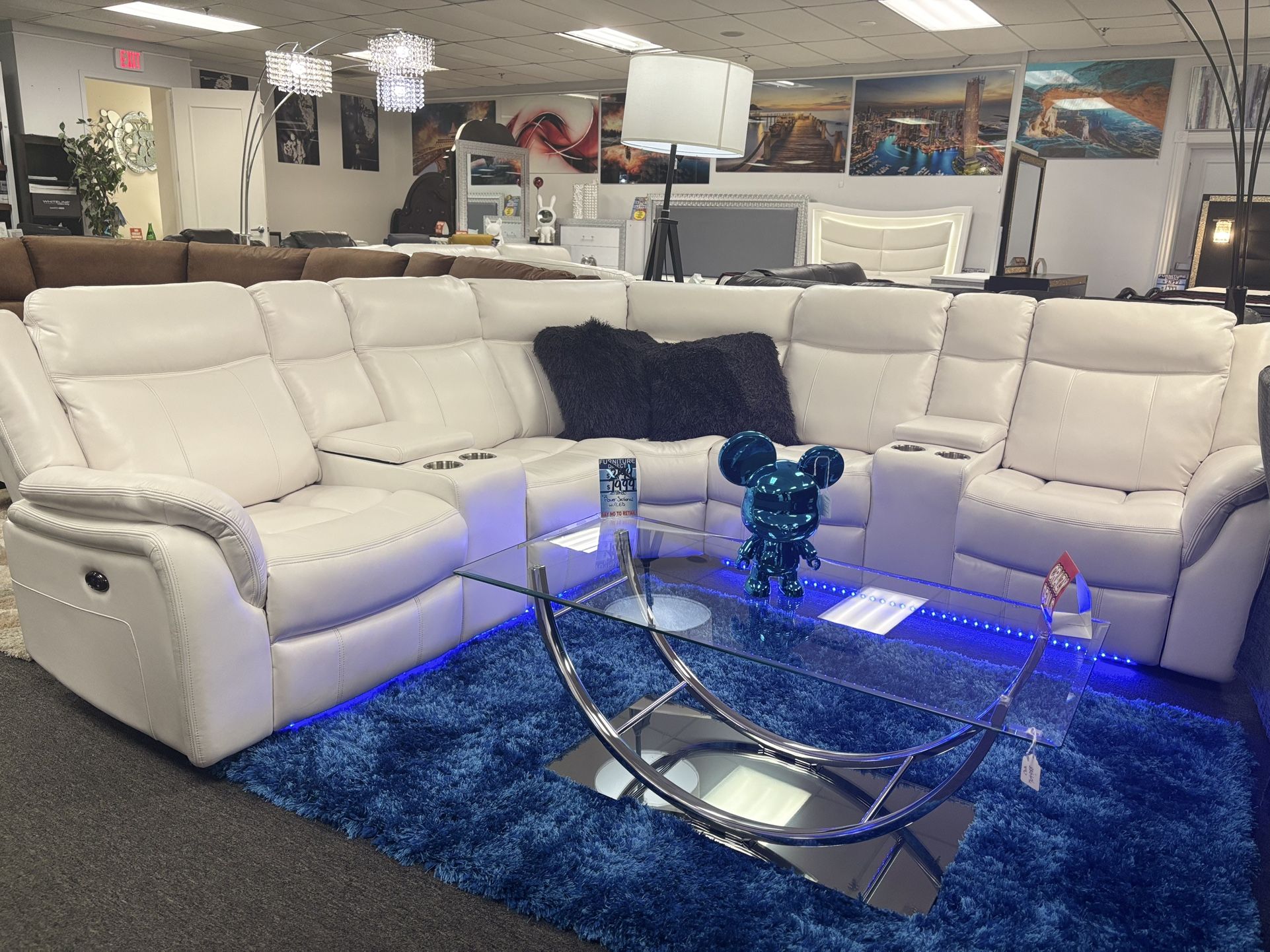 White Gel Leather L- Shaped Sectional Couch PWR Recliner For Sale ( Brand New & In Box Furniture)