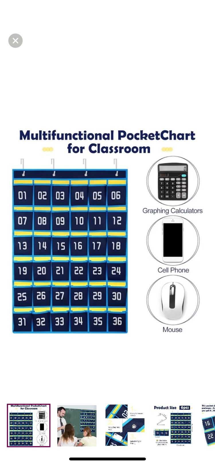 36 Numbered pockets Hanging Organizer for Classroom. 1 Package of 6 ea.Brand New