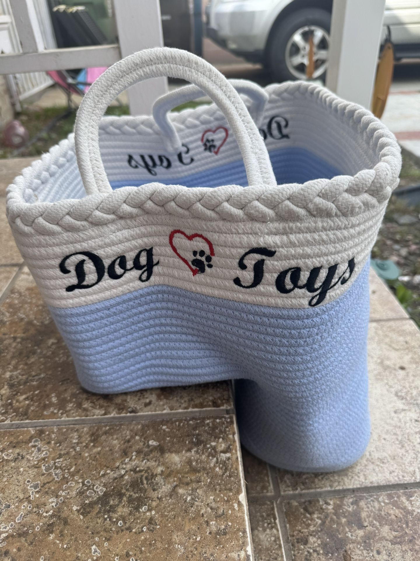 Dog Toys Basket for Stairs, Embroidered Cotton Rope, Collapsible, Sturdy Handles (Blue)