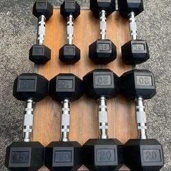 SET OF  RUBBER  DUMBBELLS  (PAIRS OF)  :   5s   10s  15s   20s         Also have RUBBER  25s 30s 35s 40s 45s 50s 60s 70s  90s 95s. ALSO HAVE  PLATES  