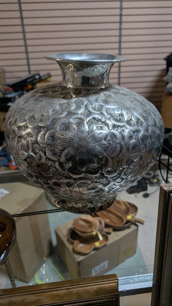 Vintage Hand Engraved Silver Tone Floral Metal Vase Decorative Home Accent Art
