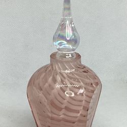Vintage Art Deco Pink W/White Swirl Blown Art Glass Perfume Bottle W/Stopper Iridescent 6 “