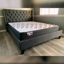 Queen Gray Wingback Button Tufted Bed w. orthopedic Mattress included