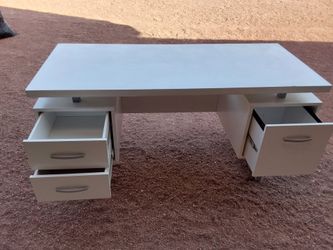 White desk metal legs and with 2 drawers and 1 filing cabinet
