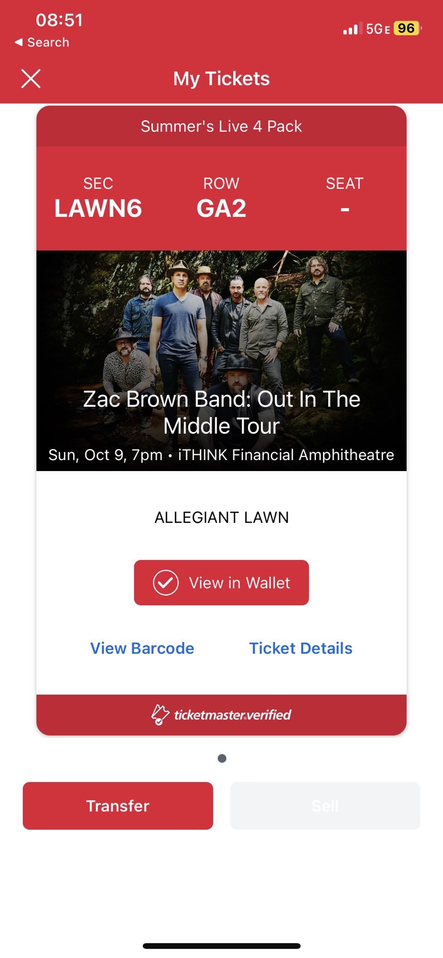 Zac Brown Band Lawn Ticket