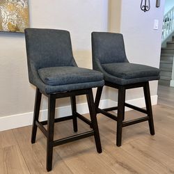 TWO 360 Swivel Blue Leather Counter Stools With Double Padded Seat and Black Wood Base
