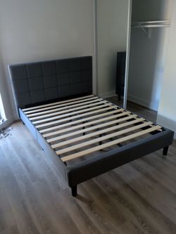 Free Queen Sized Gray Upholstered Platform Bed Frame with Headboard