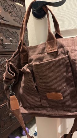 Brown Corduroy Tote Bag with Crossbody Strap