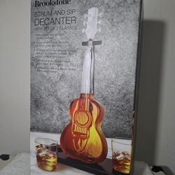 Brookstone Guitar Whiskey Decanter and Glasses w/ Wood Display