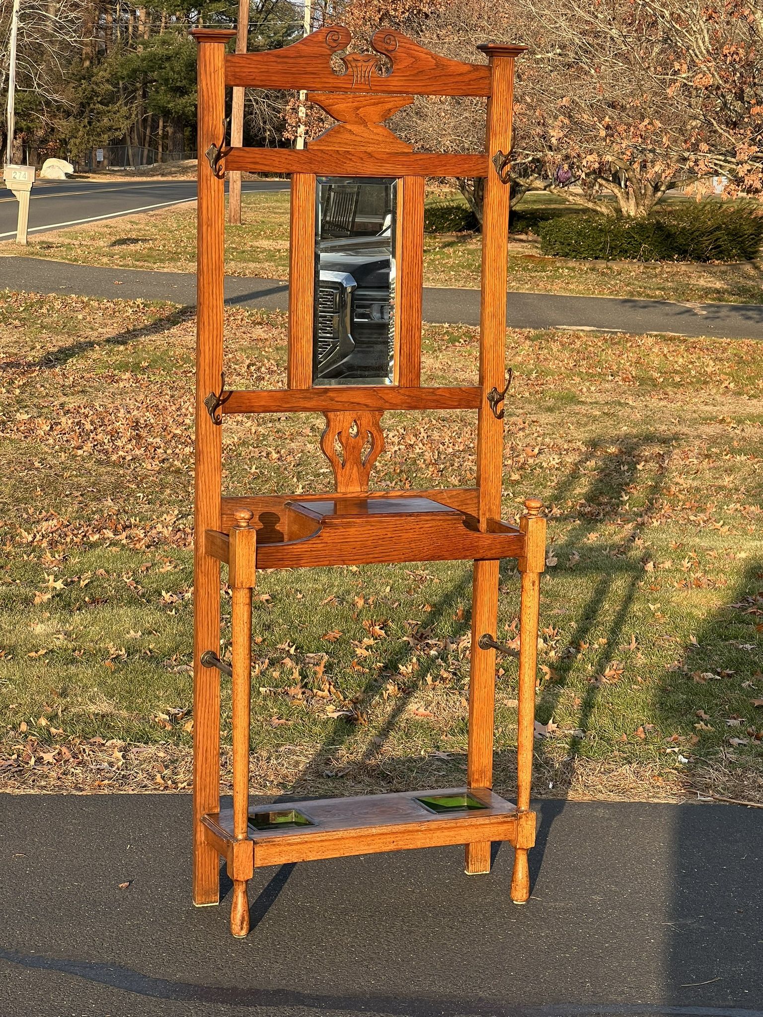 Antique Arts and Crafts Oak Hall Tree with Mirror and Copper Umbrella Wells