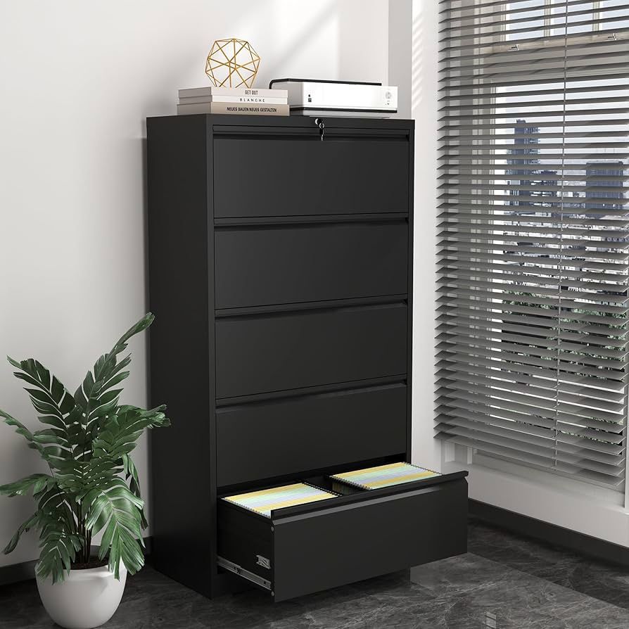 Lateral File Cabinet with Lock,5 Drawer Metal Filing Cabinets, Home Office Storage Cabinet for Hanging Files Letter/Legal/F4/A4 (Black)