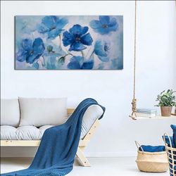 LARGE CANVAS ART - BLUE FLOWERED THEME ABSTRACT FLORAL FRAMED WALL ART