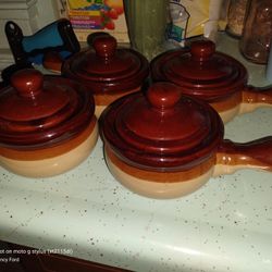 Vintage Brown Soup Crock & French Onion Bowls Lids Lug Handles Stoneware Set