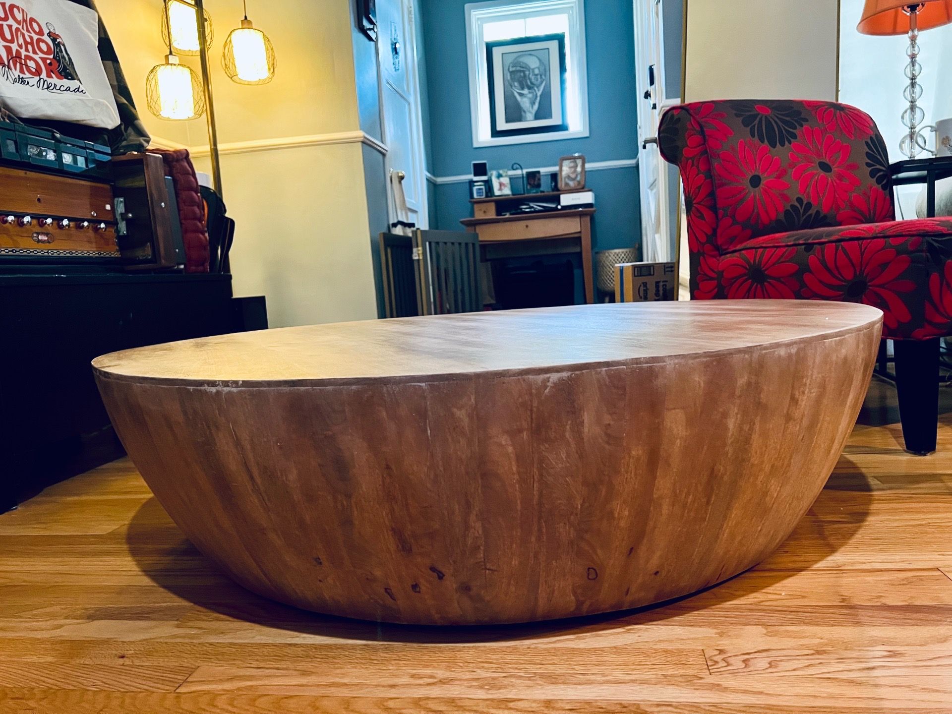 Boho Round drum shape distressed wood coffee table - retails $ 600-800