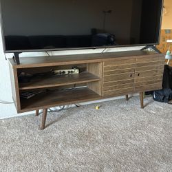 63” Long Mid Century Modern TV Stand With One Cabinet and Two Open Shelves With Splayed Legs
