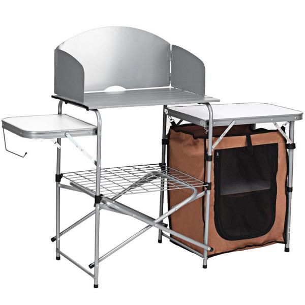 A18-9 44 in. H White Rectangle Aluminum Picnic Outdoor Foldable BBQ Portable Grilling Table with Windscreen Bag