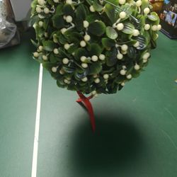 Vintage Artificial Mistletoe Kissing Ball Ornament with Red Ribbon