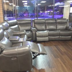 New Sectional Sofa With 4 Power Recliners  4 Power Head Rests Real Leather And The I Table Drop Down