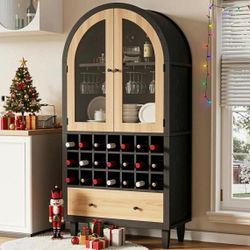 Arched Wine Bar Rack with 2 Glass Doors, Liquor Rack Wine Cabinet with Stemware Holders and Modular Wine Rack Storage