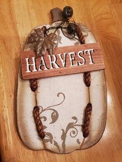 wooden pumpkin with rope , metal leaf & 2 jingle bells