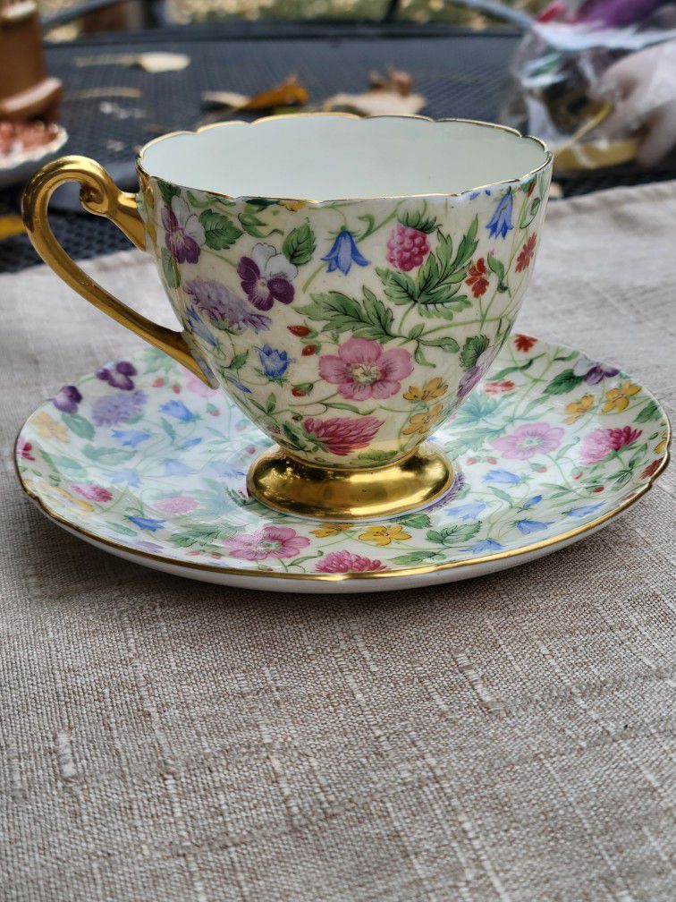 SHELLEY COUNTRYSIDE FOOTED RIPON CUP AND SAUCER  GOLD EDGES  #13701  EXCELLENT!
