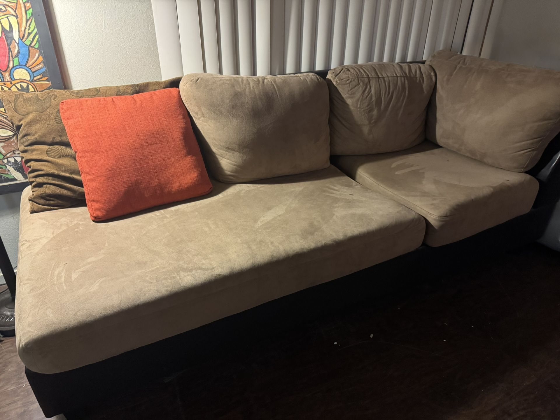 Tan Suede Couch (2-Seat + Chaise Style)