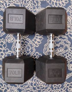 PAIR  OF  NEW  70 LB.  RUBBER  HEX  DUMBBELLS