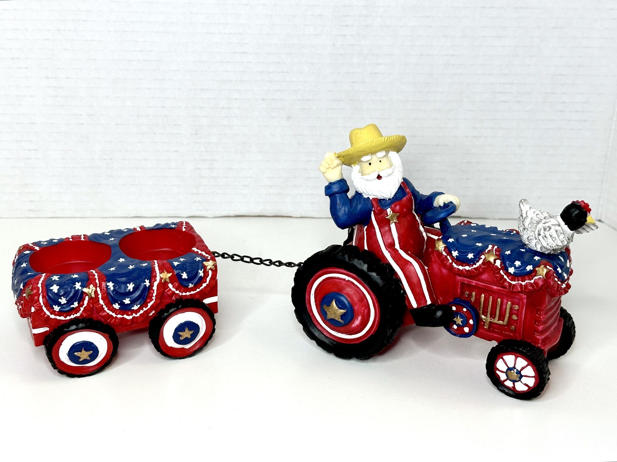 Vintage Patriotic Santa Riding a Tractor Ceramic Figurine
