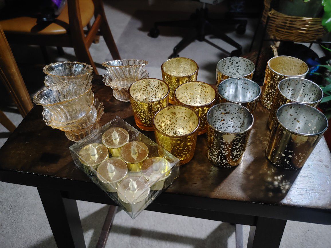 Gold And Glass Votives (21 Total) And 12 Battery Powered Tea Lights 