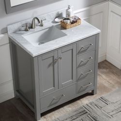 36”grey single sink bathroom vanity with carrara white marble stone top