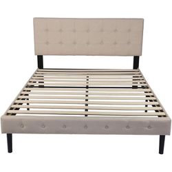 14 Inch Upholstered Platform Bed Frame with Headboard Beige (Full)