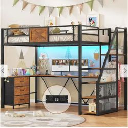 Itaar Stairway Twin Size Loft Bed with L Shaped Desk and Wardrobe, Metal Loft Bed Frame with Storage Stairs, 3 Fabric Drawers, LED Lights & Charging S