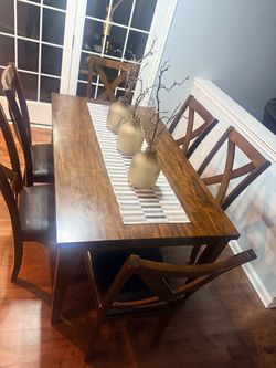 Dining table solid wood for 6 with leather chairs