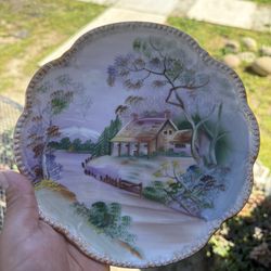 Vintage Hand Painted Decorative Plate – Cottage Landscape