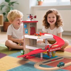 Wooden Parking Garage Toy Playset w/Elevator