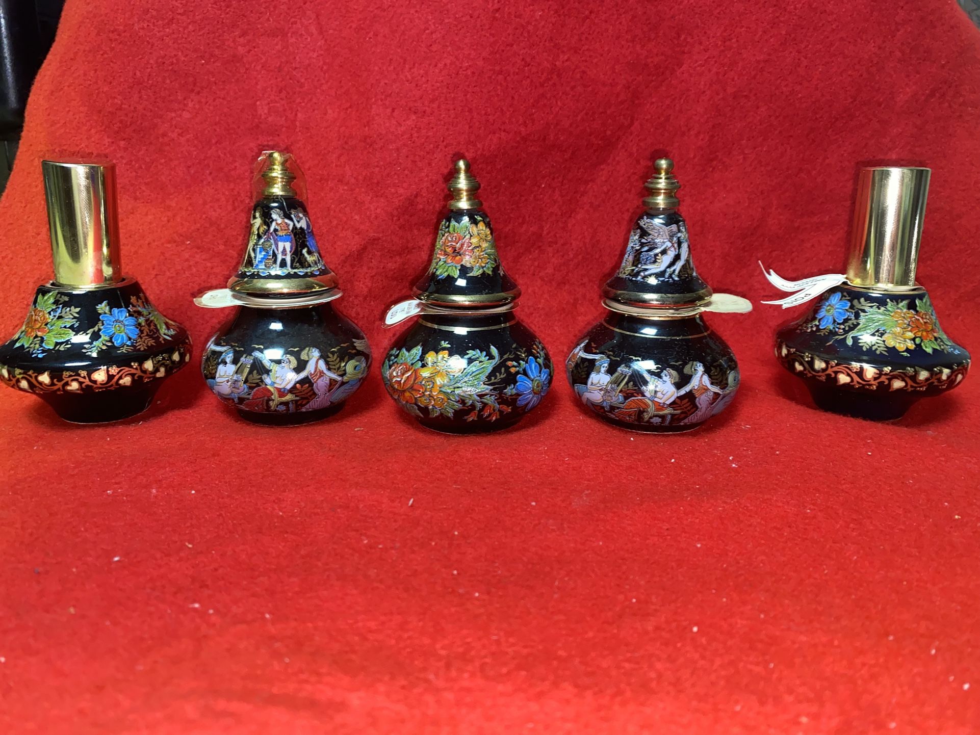 Vintage 3.5 Inch Set Of 5 2 Refillable Sprays, 3 Oil/Cream 24k gold Ceramic Vase Collectibles