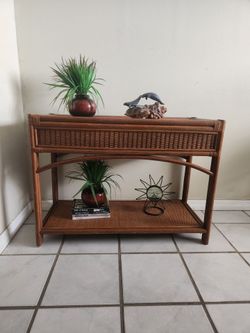 Vintage 1980's Tropical Style Bamboo and Rattan Console Table Woven Wicker Shelf