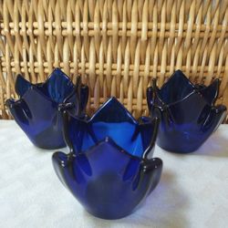 PARTYLITE 3 VOTIVE OR TEALITE CANDLE HOLDERS COBALT BLUE GLASS HAN DKERCHIEF VTG 