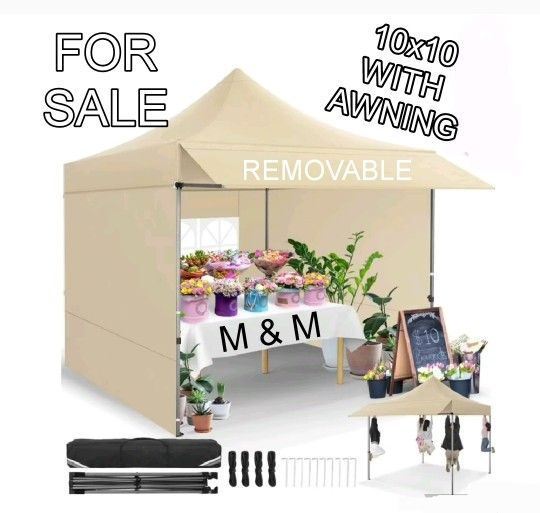 10x10 Pop up Commercial Canopy Tent with 3 Removable Sidewalls & Awning, Portable Freestanding Shelter, Outdoor Heavy Duty Party Canopies W/Roller Bag