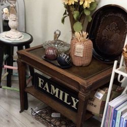Vintage Small Table With Painted Leather Inset