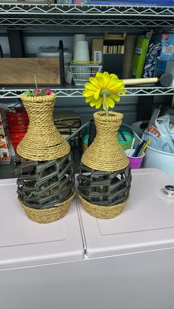 Woven Seagrass and Wicker Vase Set of 2