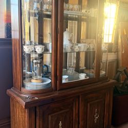 Antique Wood China With Glass Ware 