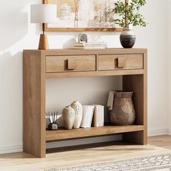 C285 $75  40 Inch Narrow Console Table with Drawers and Open Shelves Entryway Table with Storage, Mid Century Modern Hallway Accent Tables Behind Couc