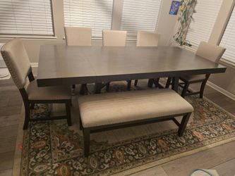 Dark Wood Dining Table Set with Chairs and Bench