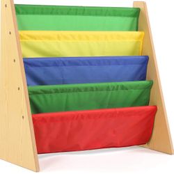 4-Tier Kids Bookshelf, Natural Wood/Primary - Premium Book Shelf for Kids Rooms